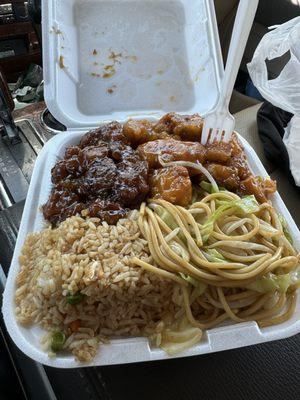 Sesame chicken, orange chicken, fried rice, li mein