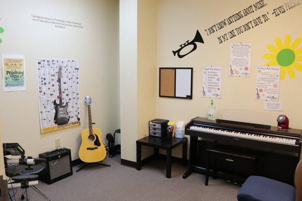 Inside one of the amazing studios.  There are 13 total all stocked with everything you need to make your music lesson fun and effective.