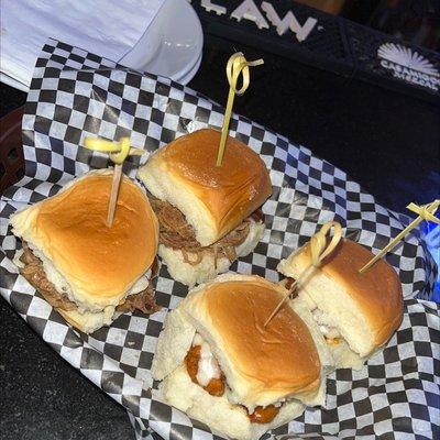 2 pulled pork slider  2 Buffalo sliders  $8