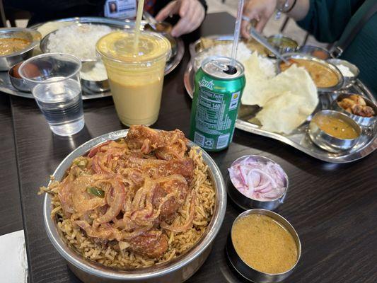 Chicken 65 Biriyani, Mango Lassi, Chicken Thali