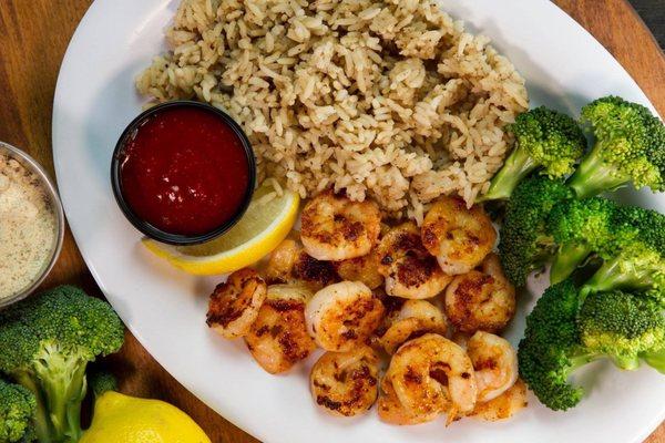 Grilled shrimp, broccoli and rice