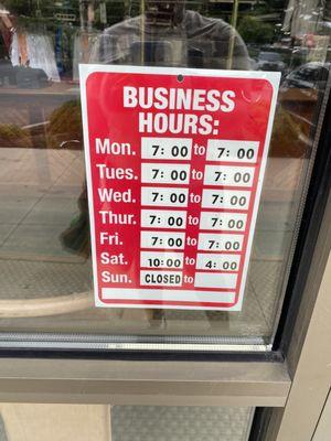 Business hours sign. Same hours listed on google