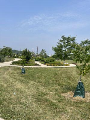 Outdoor area with the pirate ship park and splash pad