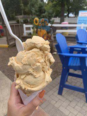 Pumpkin ice cream on a waffle cone