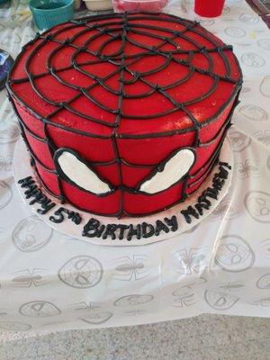 Chocolate 10 inch Spiderman cake with 3 cake layers inside. Yum.