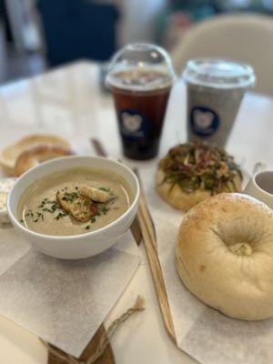 Green onion Kagel, egg potato salad Kagel, plain bagel with green onion cream cheese, mushroom soup, black sesame latte