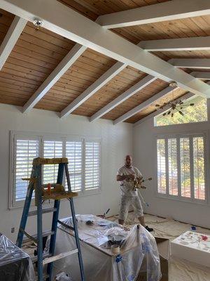 Staining shiplap and painting beams