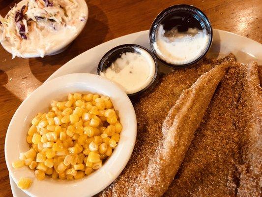 Fried catfish with corn and coleslaw