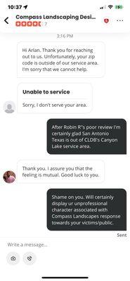 Yelp referral to some landscape company in Canyon Lake that don't service San Antonio.