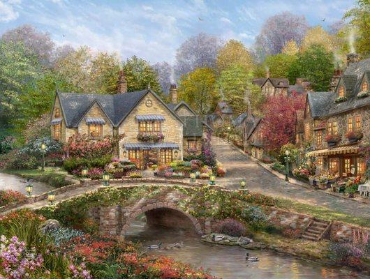 Summer in Cobblestone Village painting by Thomas Kinkade Studios.