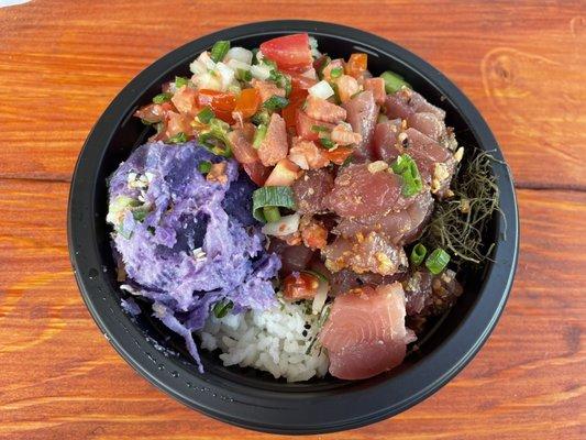 11/19/22 - Poke bowl with Hawaiian style poke, purple sweet potato salad and lomi lomi salmon $15