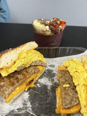 Delicious Açaí bowl and breakfast sandwich!