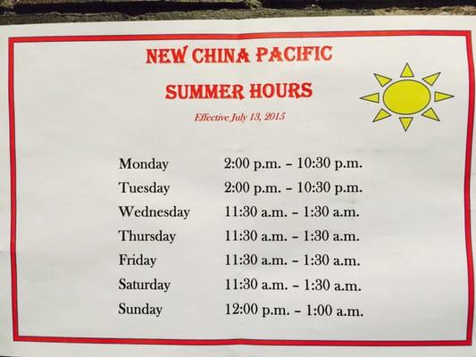 New Summer hours effective July 13, 2015!