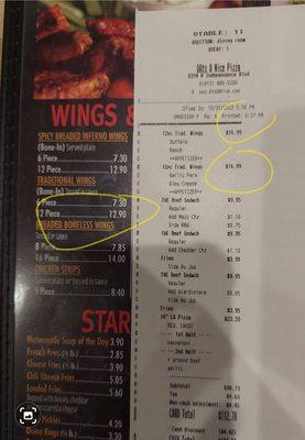 PRICES ALL DIFFERENT FROM THE ACTUAL MENU PRICE !!