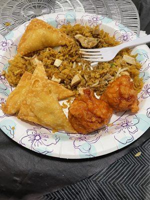 Chicken fried rice orange chicken and crab Rangoon