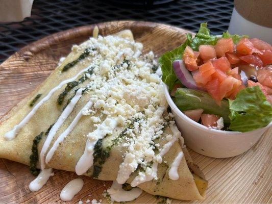 Mediterranean Crepe $12.95. Pesto feta spread, roasted red peppers, green peppers, onions, zucchini, squash, feta, pesto. V, GF