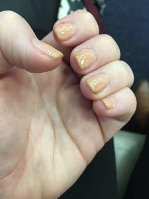 Horrible quality gel manicure. This photo is after three days. Started off pinkish color and ended up yellowish color.