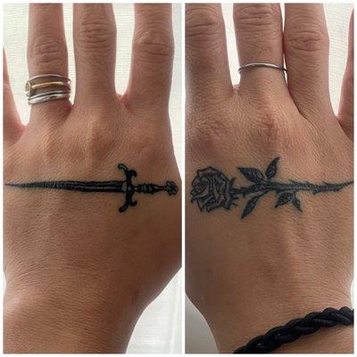 Dagger and rose hand tattoo by Jeff with vegan tattoo ink.