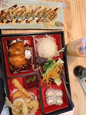 Bento Box with salmon and tempura tuna rolls. Everything was amazing!!!!