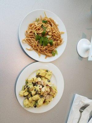 Small Asian noodle salad and small chicken curry salad.