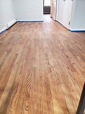 Continuation
 Sand, Stain (Color: DuraSeal- Special Walnut 124)
 Two coats of Bona Mega Clear-HD Water-born Satin Finish to 250 Sq. Ft.