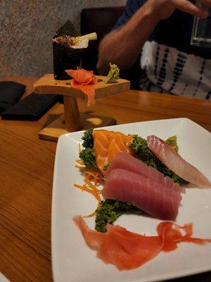 Sashimi platter and salmon hand roll