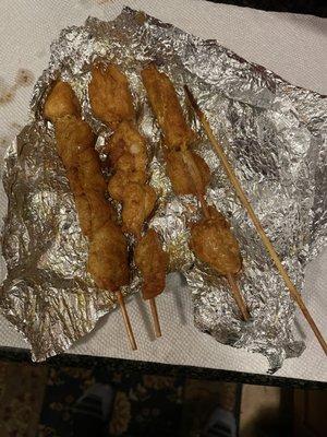 Dry salty chicken kabobs, fried on skewers, not char-grilled.