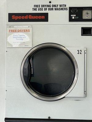 Nice free dryers mon-Wed