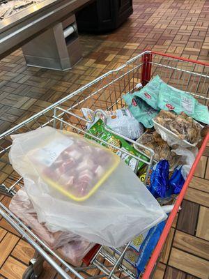 This cart full of meat, veggies, noodles, and snacks came out to like $100; not too bad