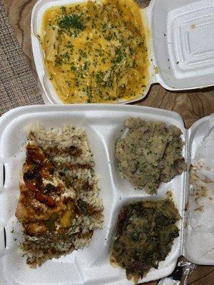 Slammin' Salmon Plate, Collards & Cabbage Medley, Rasta Pasta Mac 'N' Cheese, Garlic Smashed Potatoes