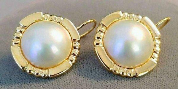 Pair of 14K and 18K yellow gold mabe cultured pearl earrings. 20% off through December 2019