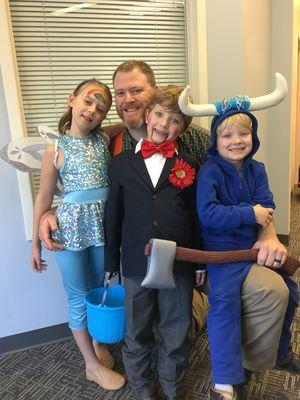 Slappy the ventriloquist dummy, Babe the Blue Ox, a pretty fairy and Paul Bunyan (Dr T.)