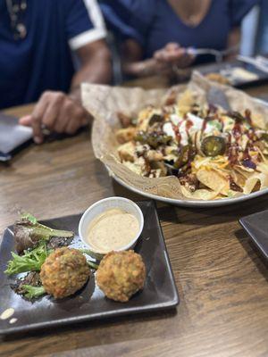 Turnip, green bites and barbecue nachos