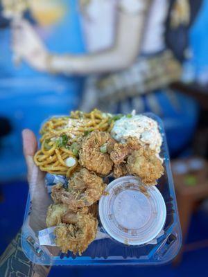 Pineapple Prawns With Garlic Noodles And MAC Salad. Wednesday Specials