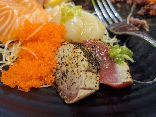 Seared ahi masago and scallop