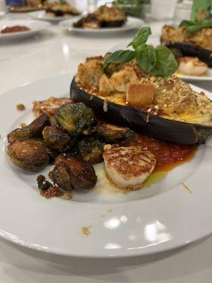 Eggplant, scallops, brussel sprouts