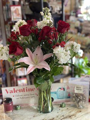 Red roses, lily, stock and Alstromeria mix