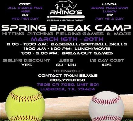 Spring break camp. Baseball in the morning, movies for lunch and physically active games in the afternoon!