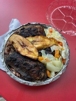 Jerk chicken with plantains and rice and peas and vegetables (medium)