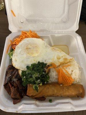 C6. Com Dac Biet : Combination with rice. Choice B (Grilled Pork, 2 Fried Eggs, & 1 Egg roll) $13.95