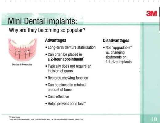 Implants for dentures all in one day!
 4 mini implants will hold your denture securely. Your denture won't come out until you want it to !