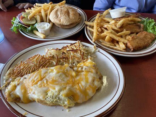 Veggie burger, fish and chips, and The Works Omelette