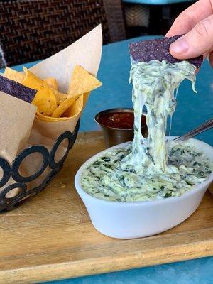 Baked Spinach & Cheese Dip | crispy tortilla chips, charred tomato salsa