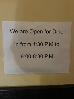 Dine in hours