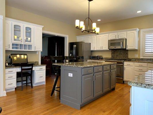 After: Kitchen cabinets, desk and island