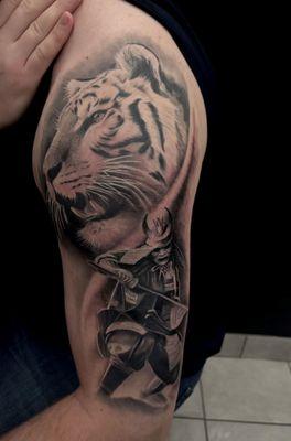 Black and grey tiger and Samaria tattoo by Legendary Artist David Blank