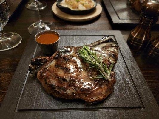 Ribeye,  lamb chops and au gratin potatoes