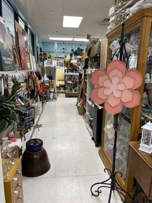 Coat rack, plants, and buttons galore.