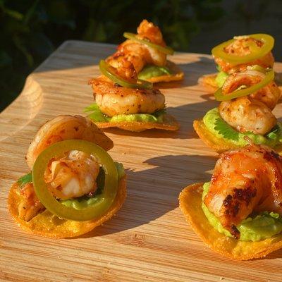 Mini Blackened Shrimp Tostadas / Smashed Brokaw Farms Avocado / Pickled Pepper