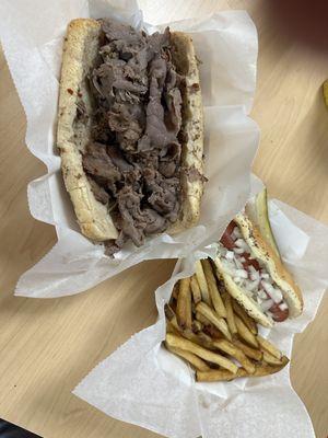 Italian Beef, hot dog with hand cut fries.